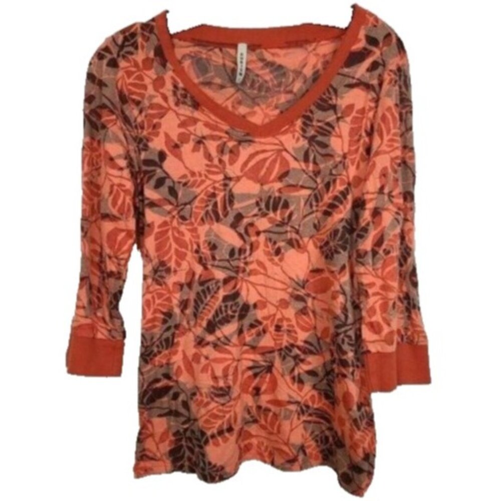 Cubism Womens Wearable Art‎ Top Small Orange Leaf Print Burnout 3/4 Sleeve Y2K